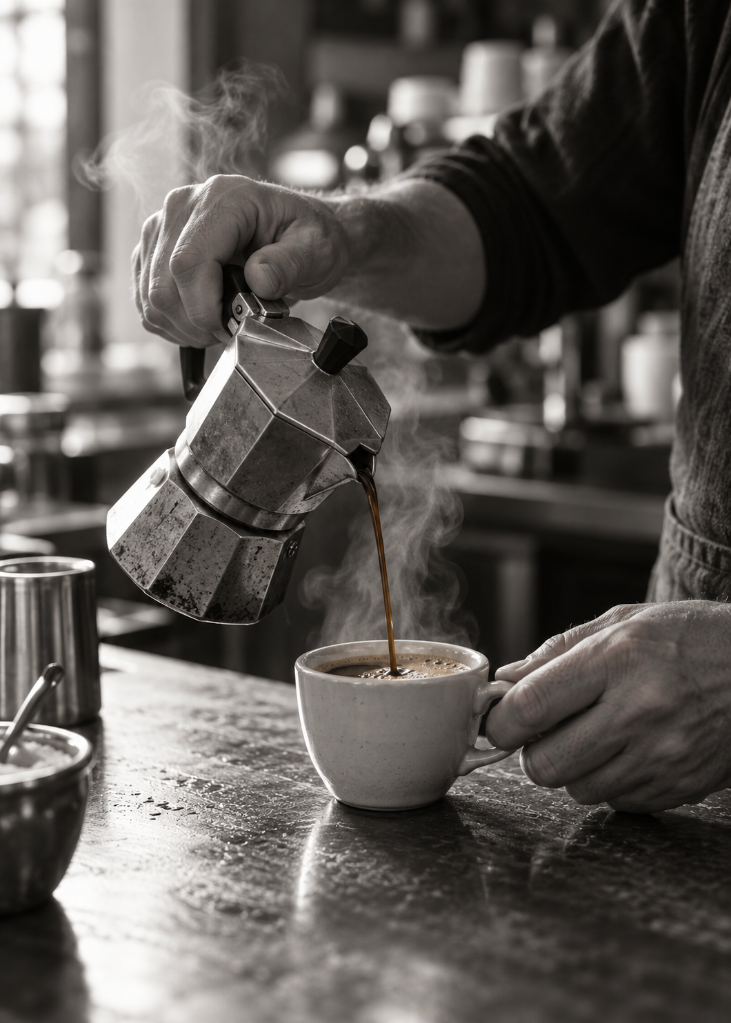 Espresso aus der Mokkakanne – Schwarz-Weiß-Wandbild.