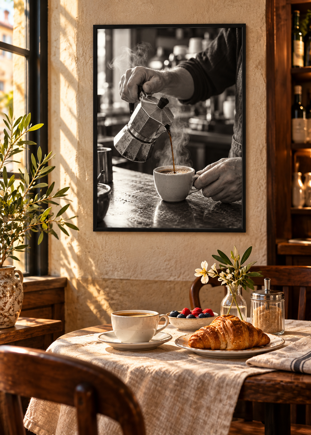 Espresso aus der Mokkakanne – Schwarz-Weiß-Wandbild als Produktansicht.