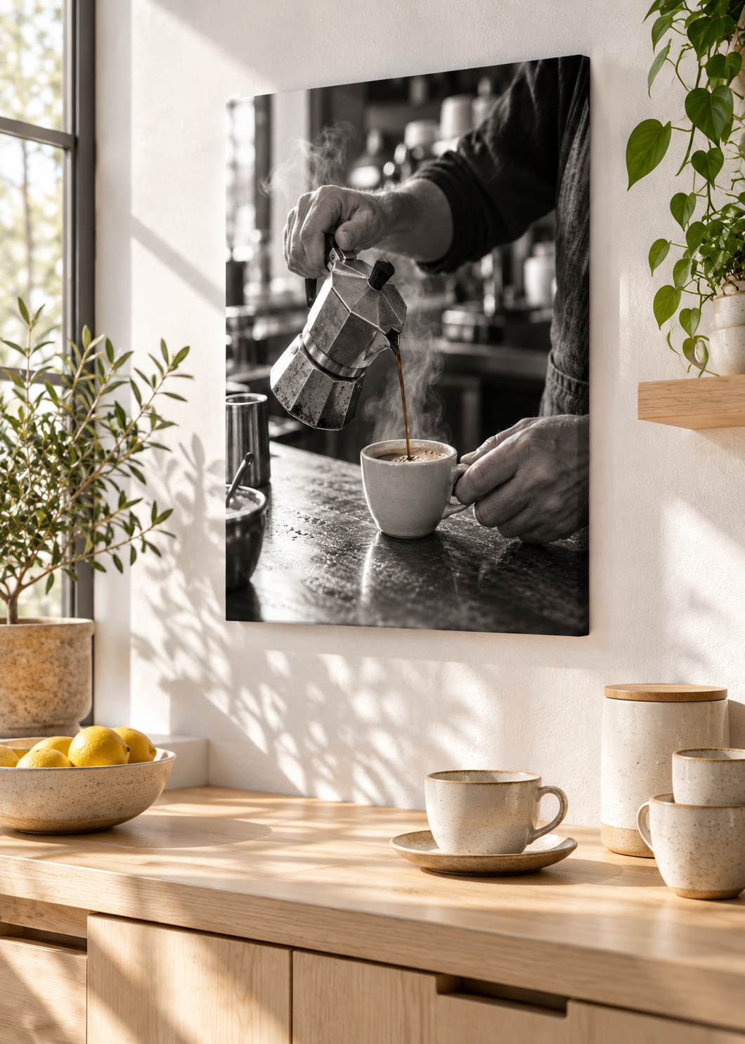 Espresso aus der Mokkakanne – Schwarz-Weiß-Wandbild als Produktansicht.