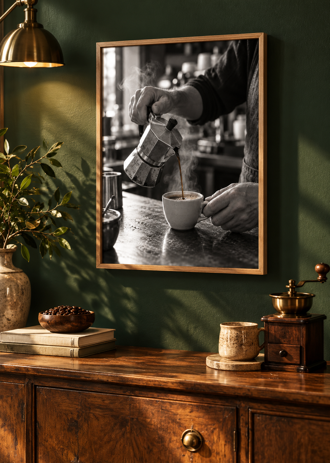 Espresso aus der Mokkakanne – Schwarz-Weiß-Wandbild als Produktansicht.
