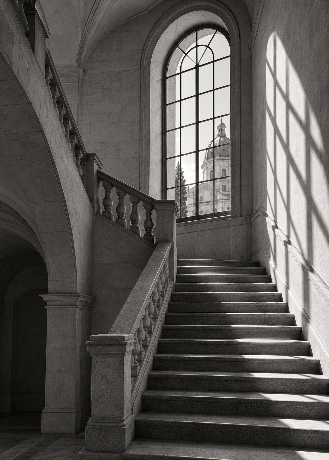 Sonnenlicht im stillen Steintreppenhaus – Schwarz-Weiß-Wandbild.