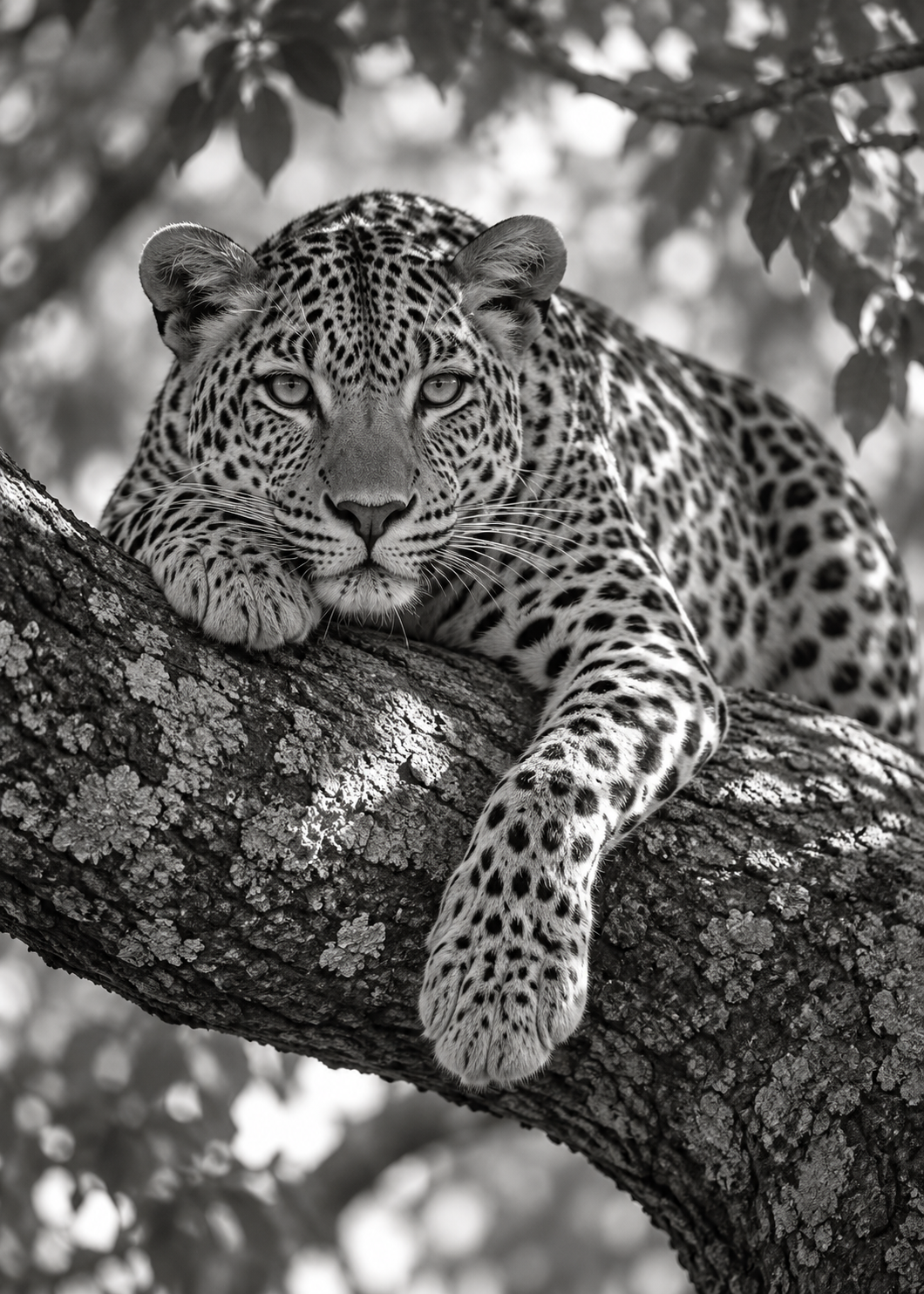 Ruhender Leopard im Licht – Schwarz-Weiß-Wandbild.