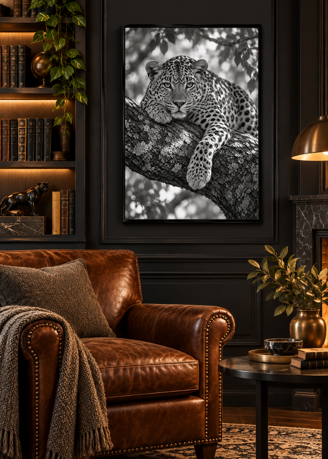 Ruhender Leopard im Licht – Schwarz-Weiß-Wandbild als Produktansicht.