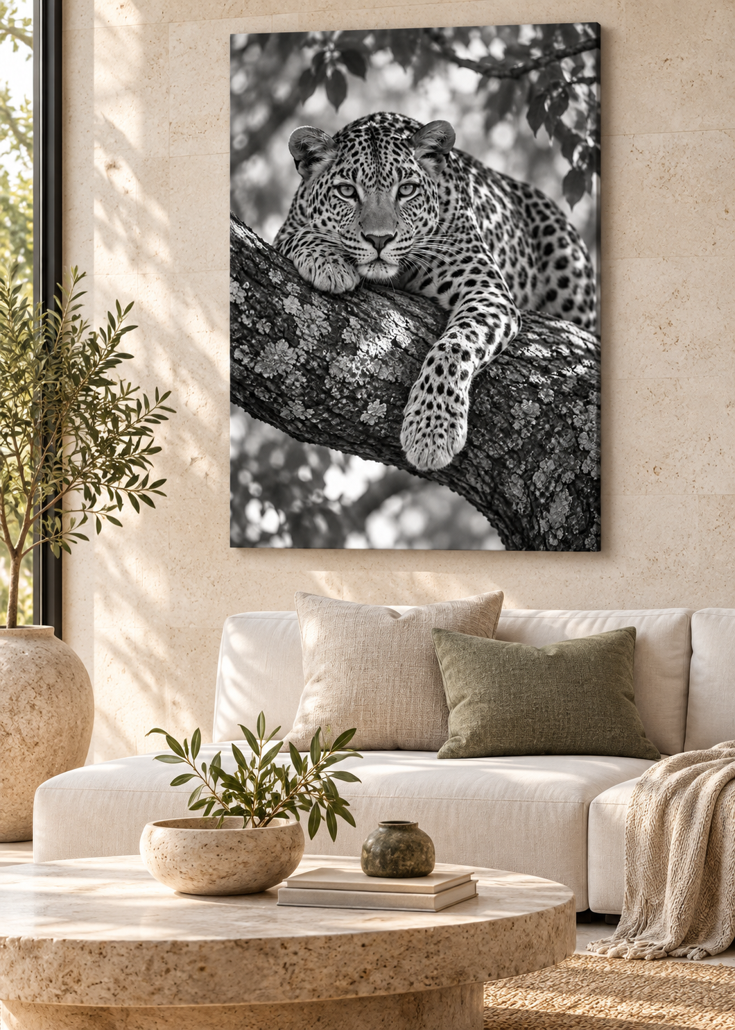 Ruhender Leopard im Licht – Schwarz-Weiß-Wandbild als Produktansicht.