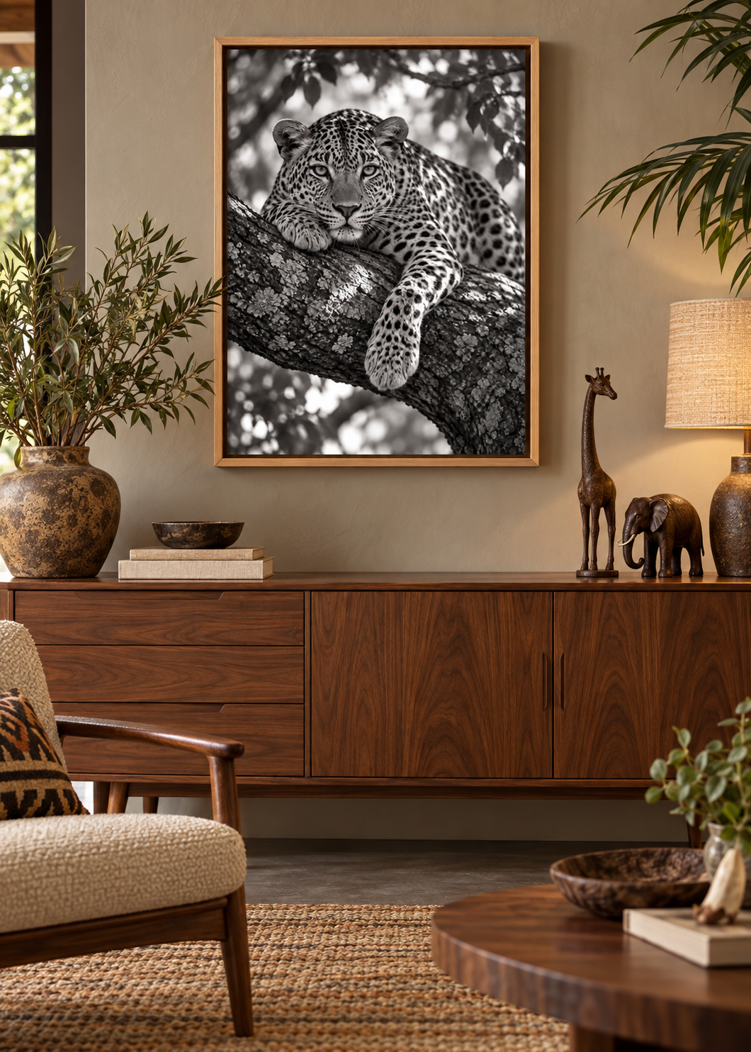 Ruhender Leopard im Licht – Schwarz-Weiß-Wandbild als Produktansicht.