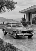Mercedes 230 SL Pagode vor Villa – Schwarz-Weiß-Wandbild.