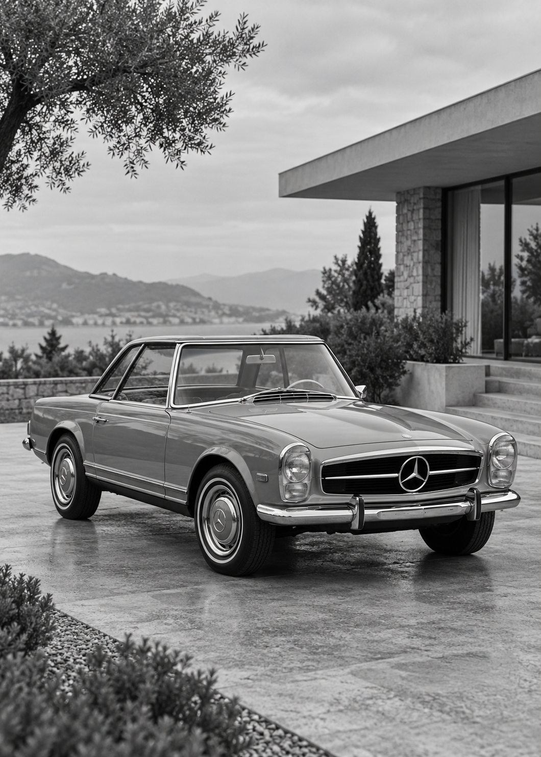 Mercedes 230 SL Pagode vor Villa – Schwarz-Weiß-Wandbild.
