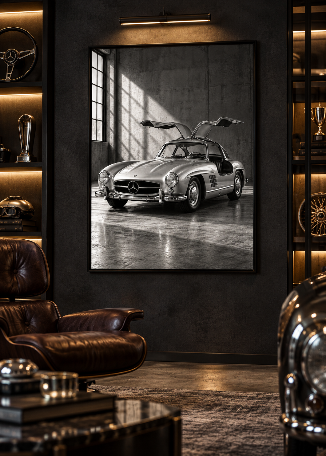 Mercedes 300 SL mit offenen Flügeltüren – Schwarz-Weiß-Wandbild als Produktansicht.