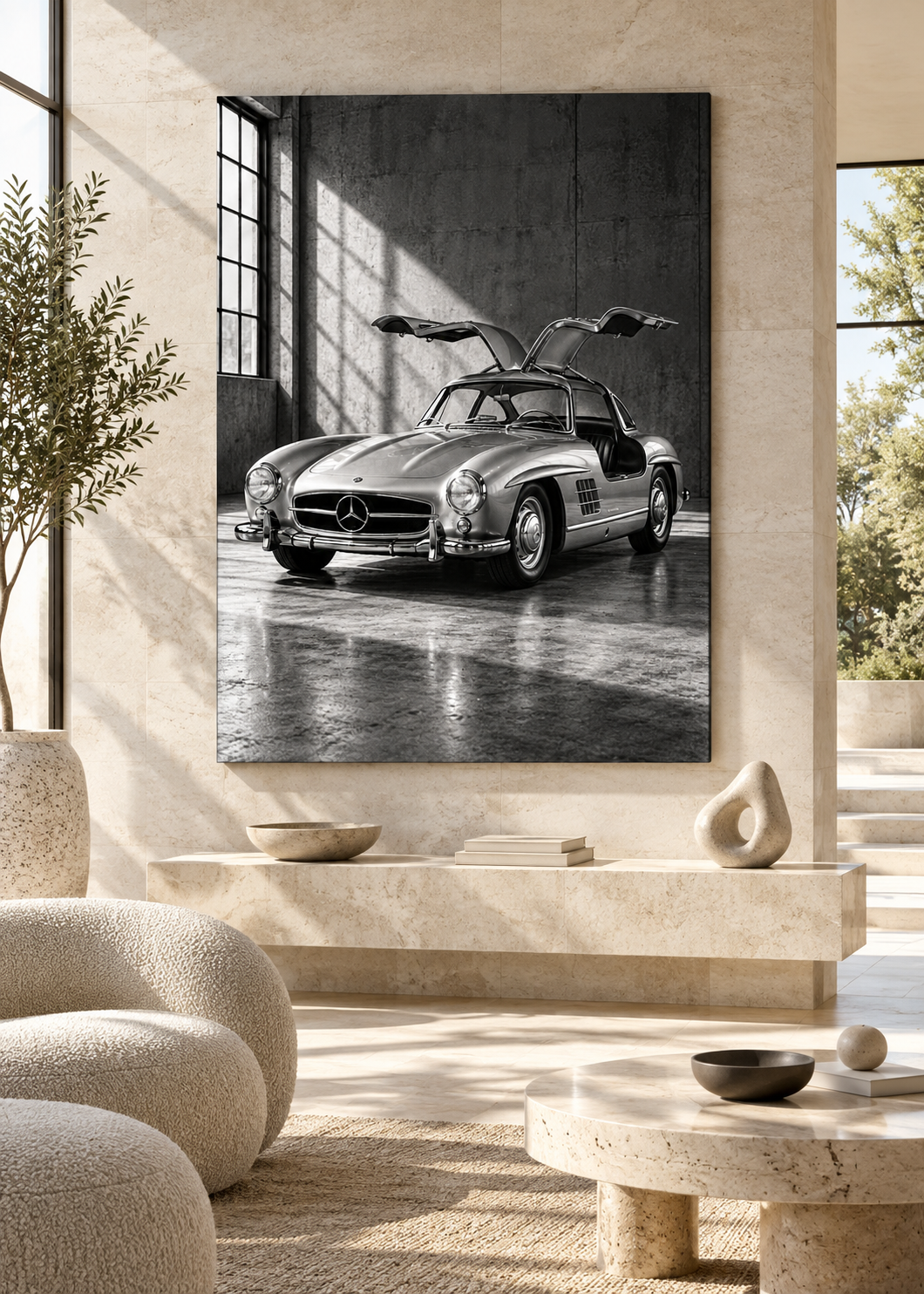 Mercedes 300 SL mit offenen Flügeltüren – Schwarz-Weiß-Wandbild als Produktansicht.