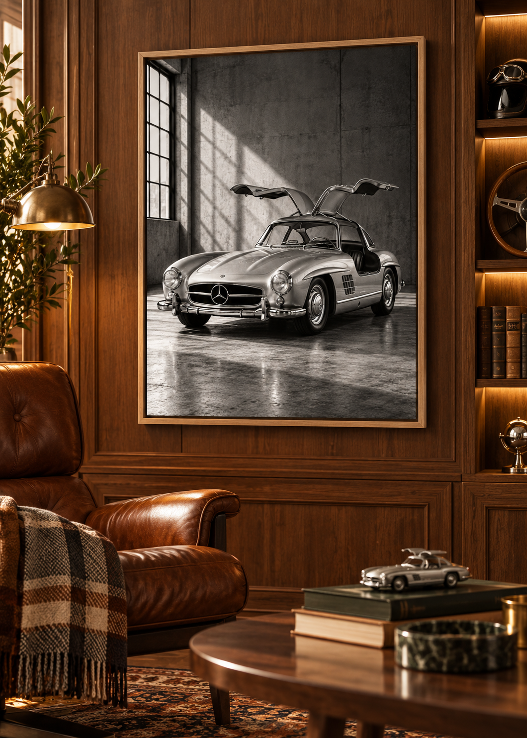 Mercedes 300 SL mit offenen Flügeltüren – Schwarz-Weiß-Wandbild als Produktansicht.