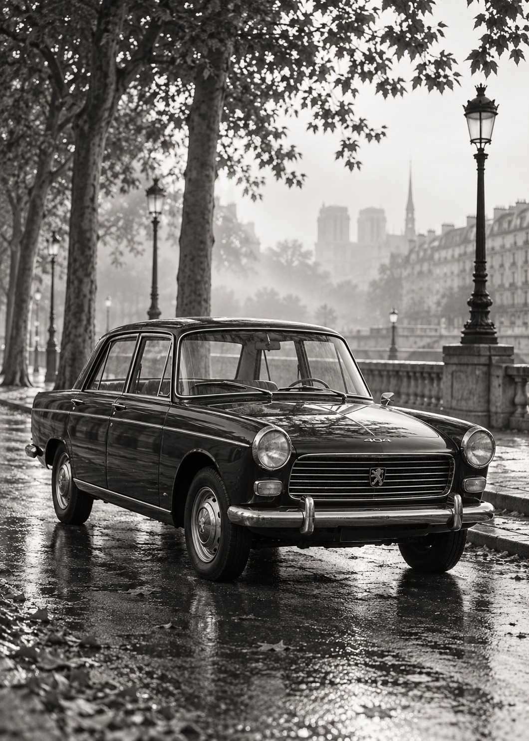 Peugeot 404 am nassen Boulevard – Schwarz-Weiß-Wandbild.