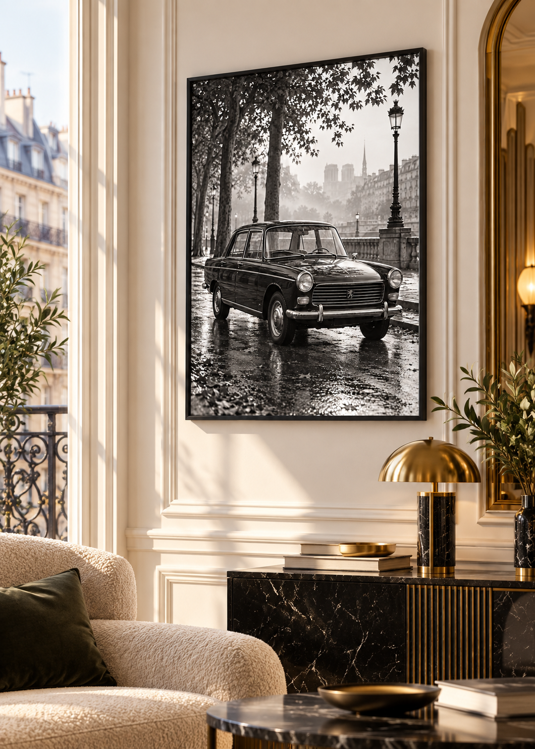 Peugeot 404 am nassen Boulevard – Schwarz-Weiß-Wandbild als Produktansicht.