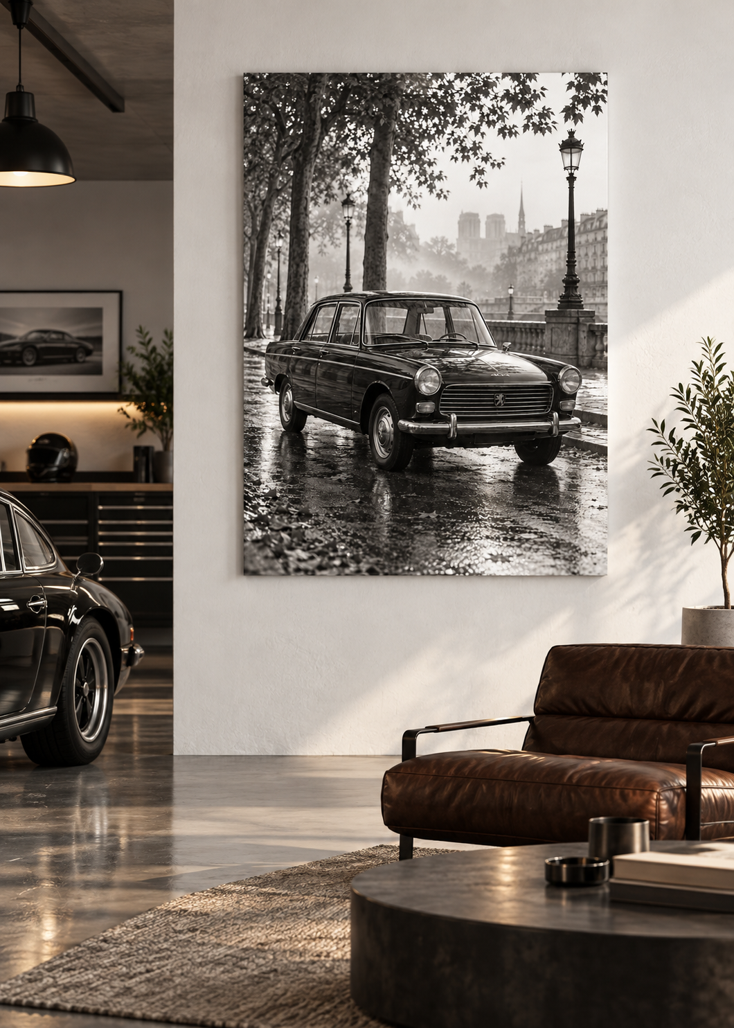 Peugeot 404 am nassen Boulevard – Schwarz-Weiß-Wandbild als Produktansicht.