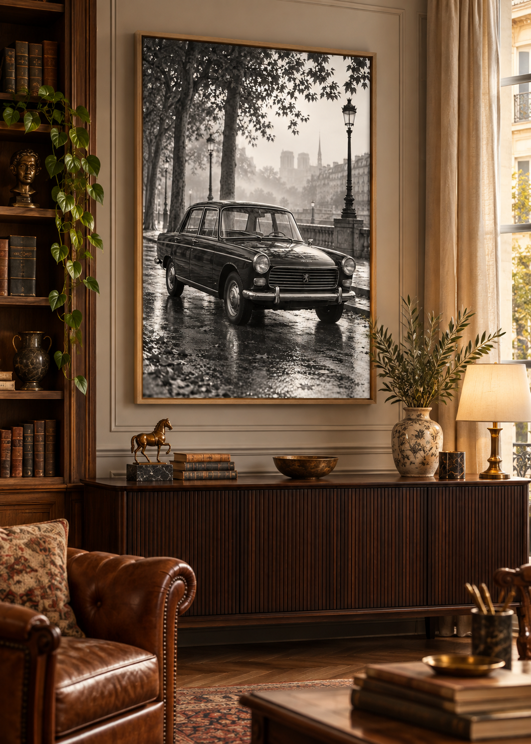 Peugeot 404 am nassen Boulevard – Schwarz-Weiß-Wandbild als Produktansicht.