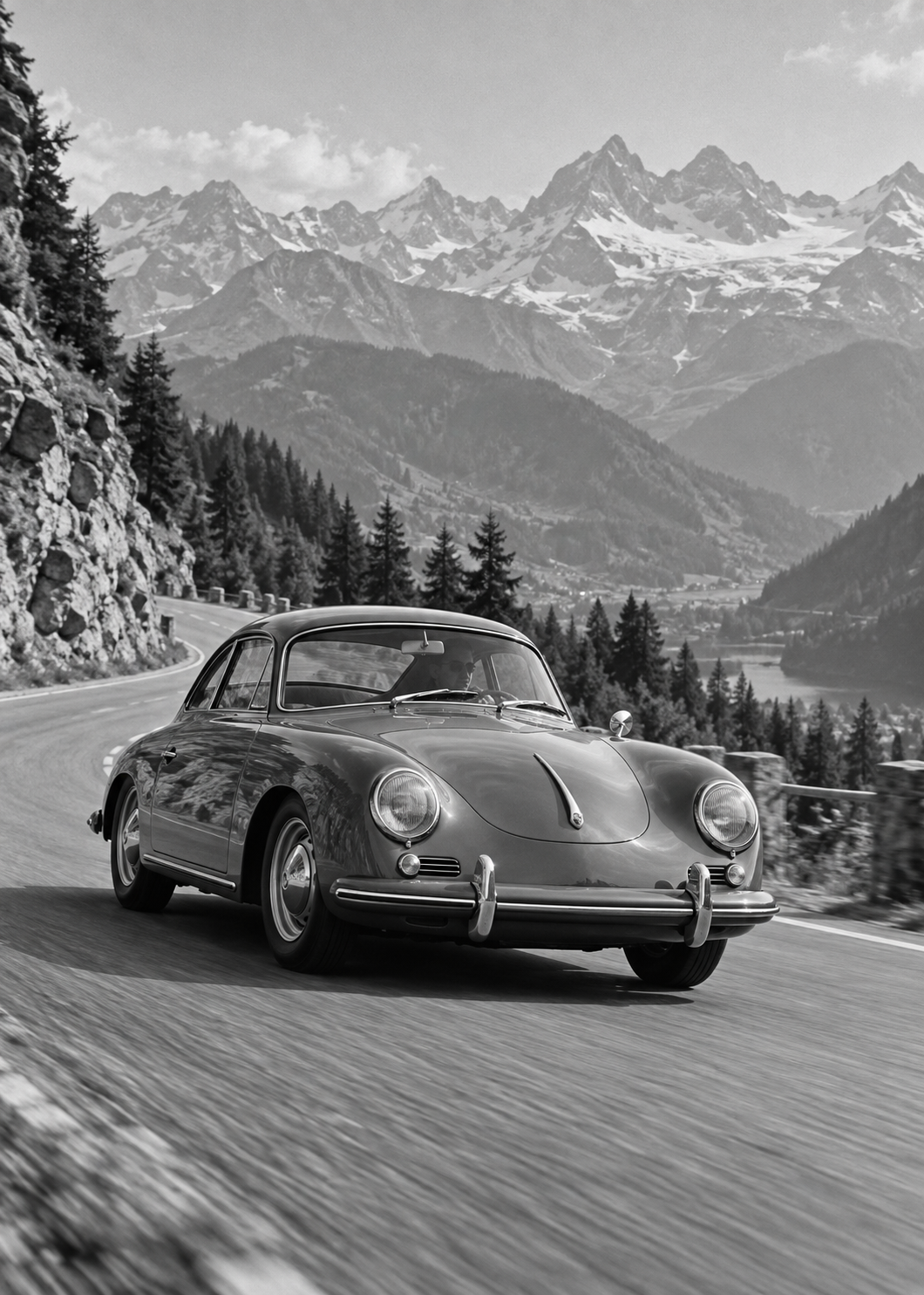 Porsche 356 auf kurviger Alpenstraße – Schwarz-Weiß-Wandbild.