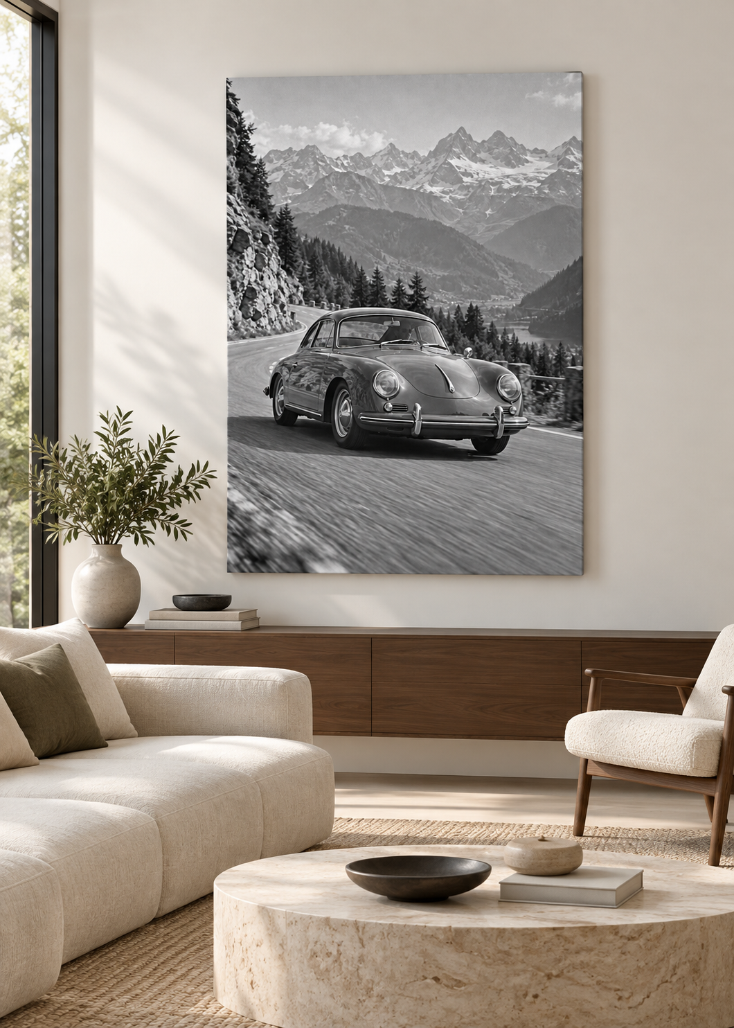 Porsche 356 auf kurviger Alpenstraße – Schwarz-Weiß-Wandbild als Produktansicht.