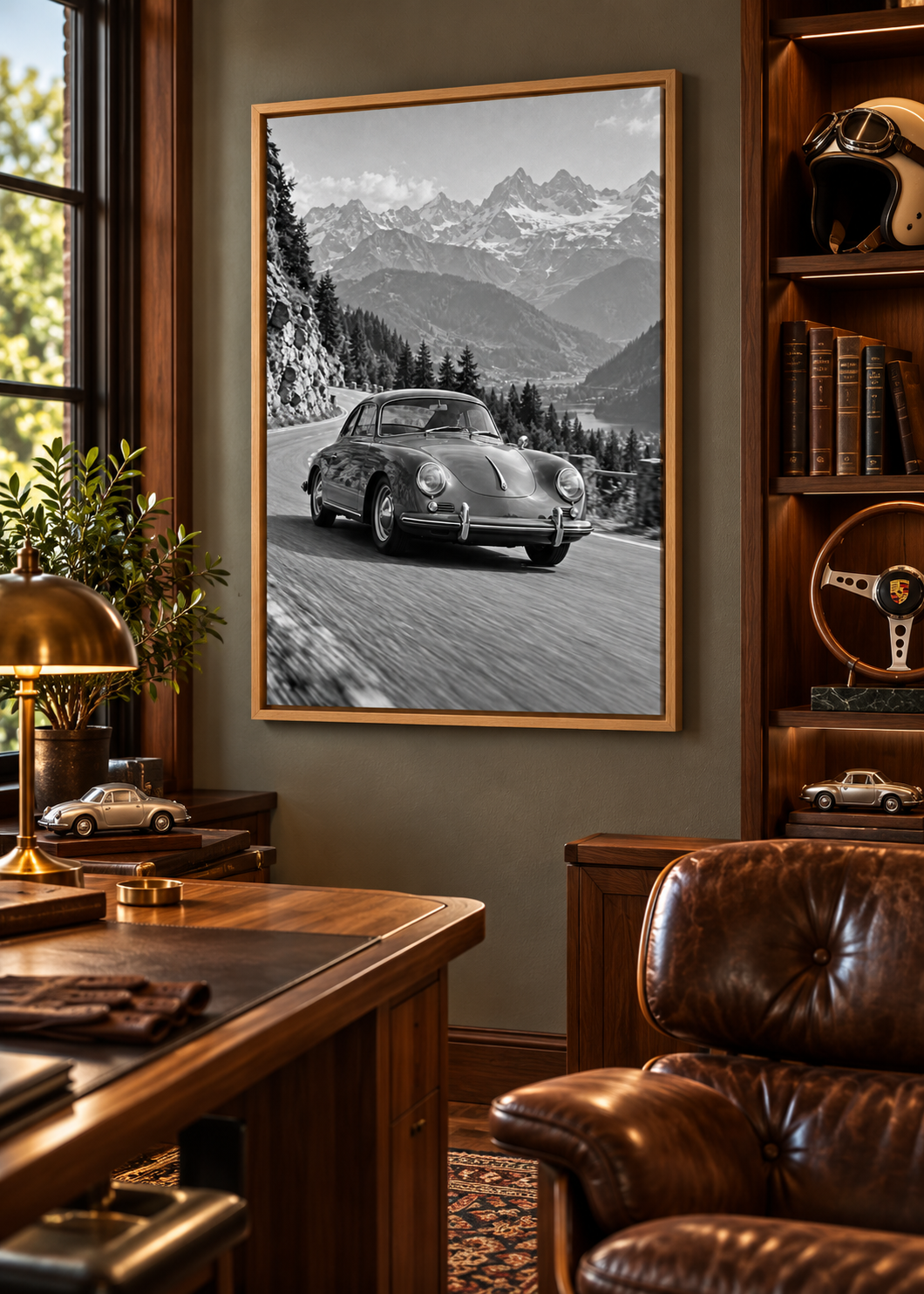 Porsche 356 auf kurviger Alpenstraße – Schwarz-Weiß-Wandbild als Produktansicht.
