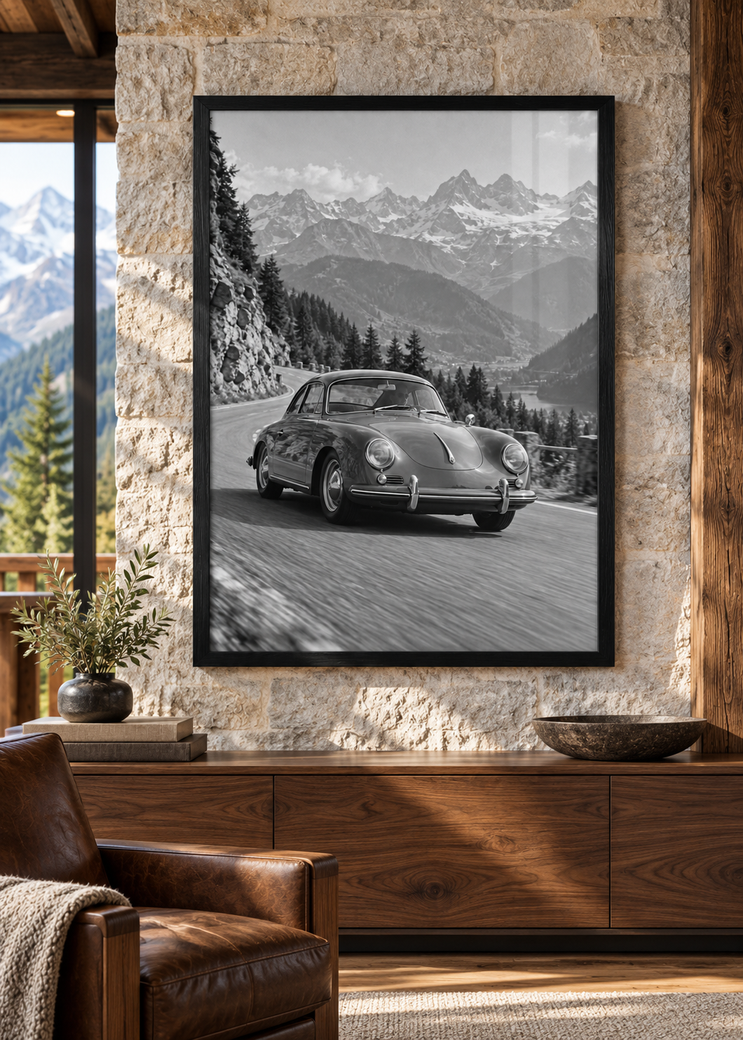 Porsche 356 auf kurviger Alpenstraße – Schwarzer Holzrahmen Mockup, 1060 × 1484 px.