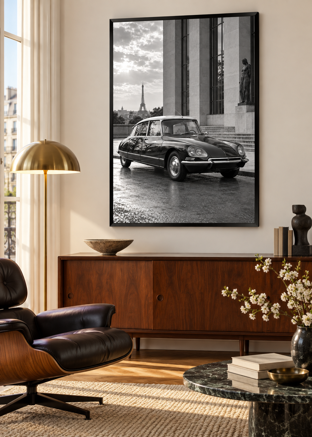 Citroën DS 19 vor Pariser Moderne – Schwarz-Weiß-Wandbild als Produktansicht.
