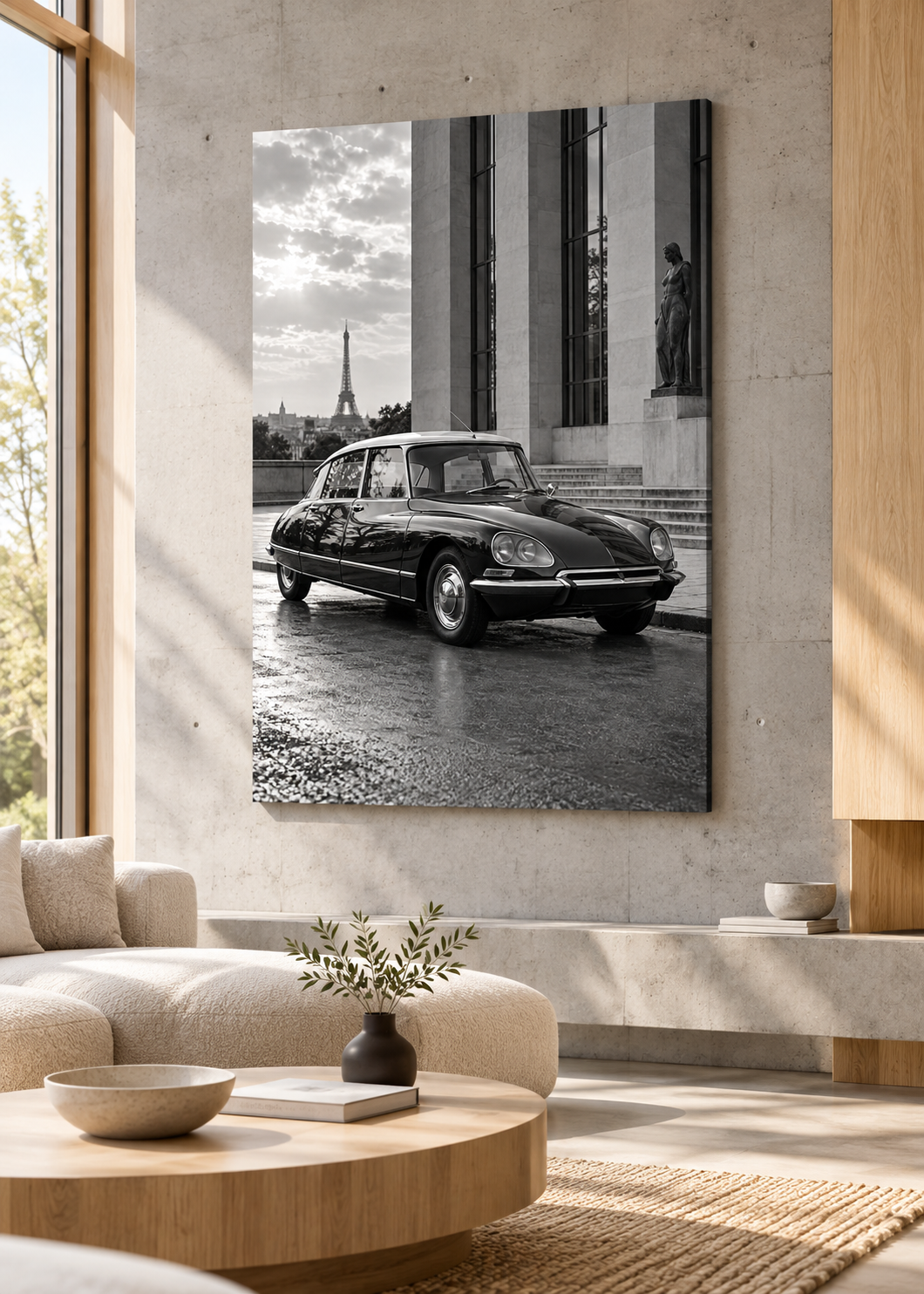 Citroën DS 19 vor Pariser Moderne – Schwarz-Weiß-Wandbild als Produktansicht.