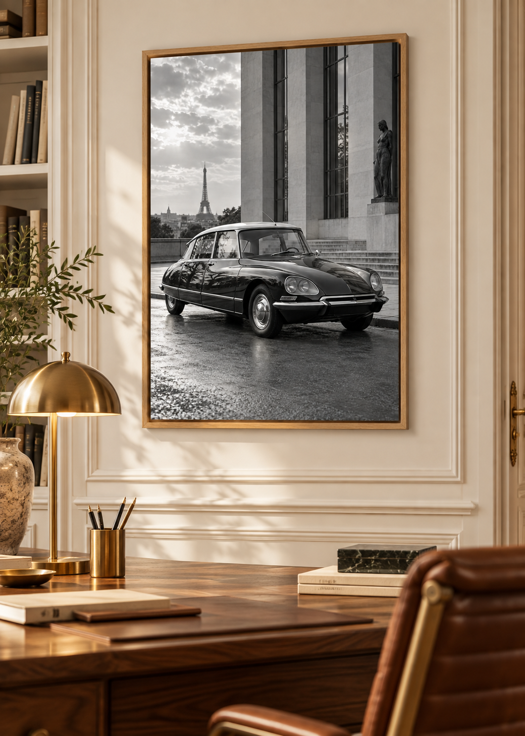 Citroën DS 19 vor Pariser Moderne – Schwarz-Weiß-Wandbild als Produktansicht.