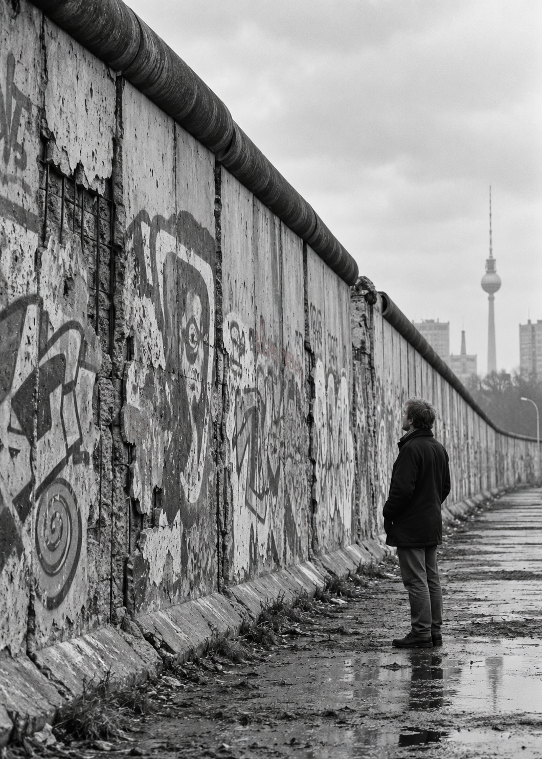 Stille an der Berliner Mauer – Schwarz-Weiß-Wandbild.