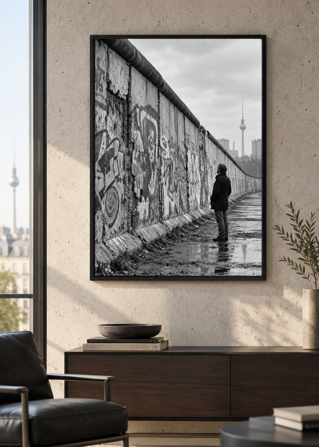 Stille an der Berliner Mauer – Schwarz-Weiß-Wandbild als Produktansicht.