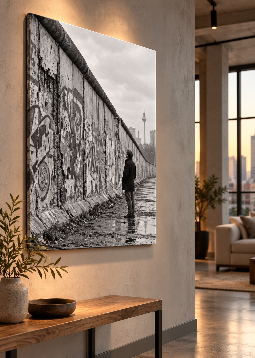 Stille an der Berliner Mauer – Schwarz-Weiß-Wandbild als Produktansicht.