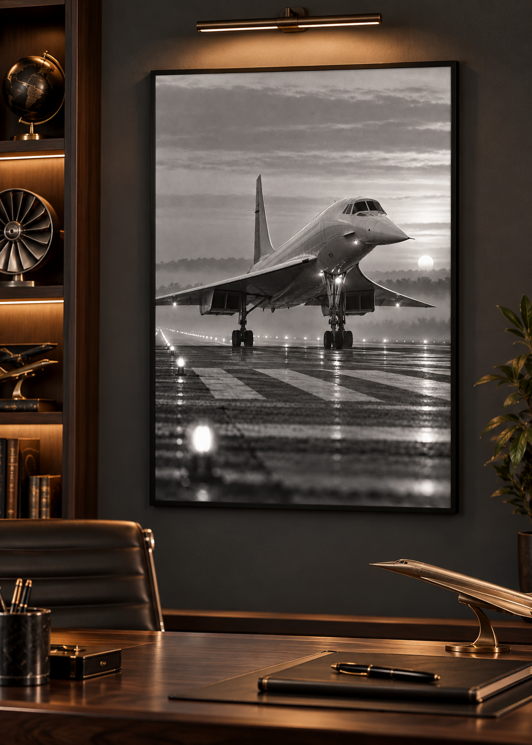 Concorde im Morgennebel – Schwarz-Weiß-Wandbild als Produktansicht.