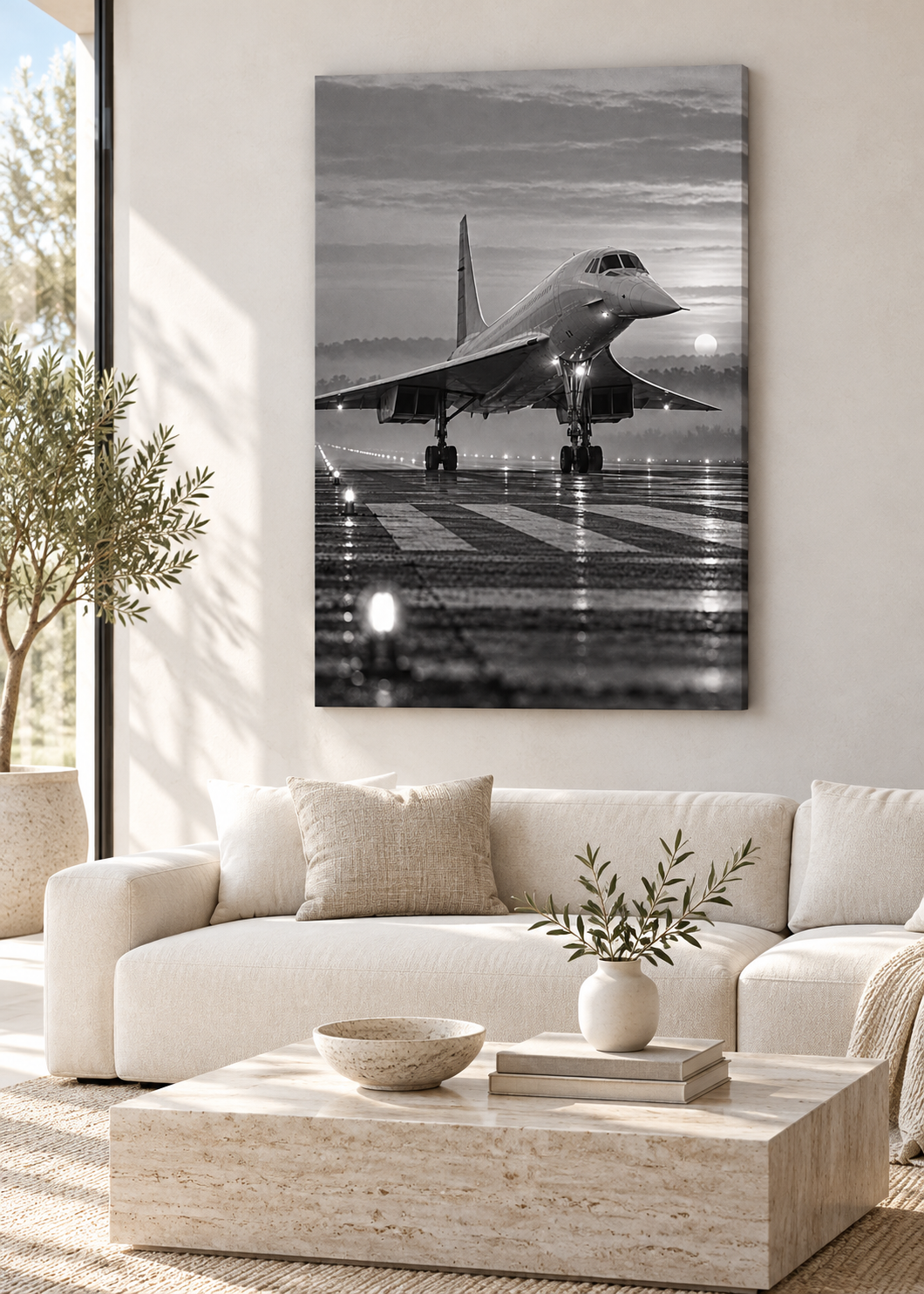 Concorde im Morgennebel – Schwarz-Weiß-Wandbild als Produktansicht.