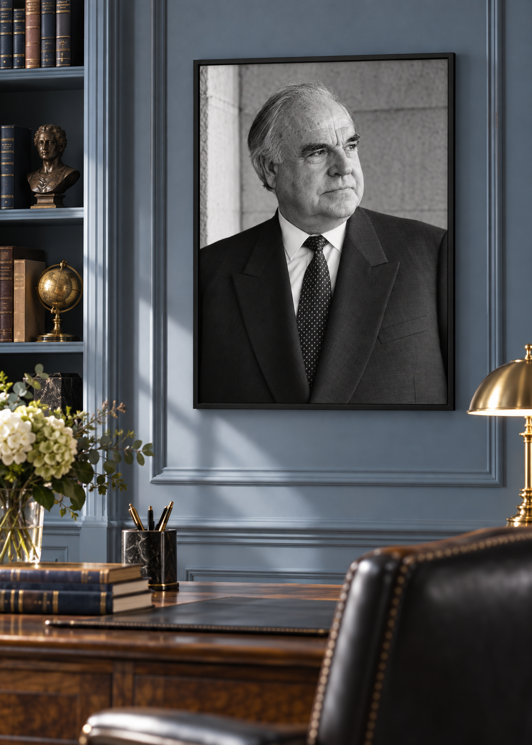 Nachdenkliches Schwarzweißporträt von Helmut Kohl – Schwarz-Weiß-Wandbild als Produktansicht.