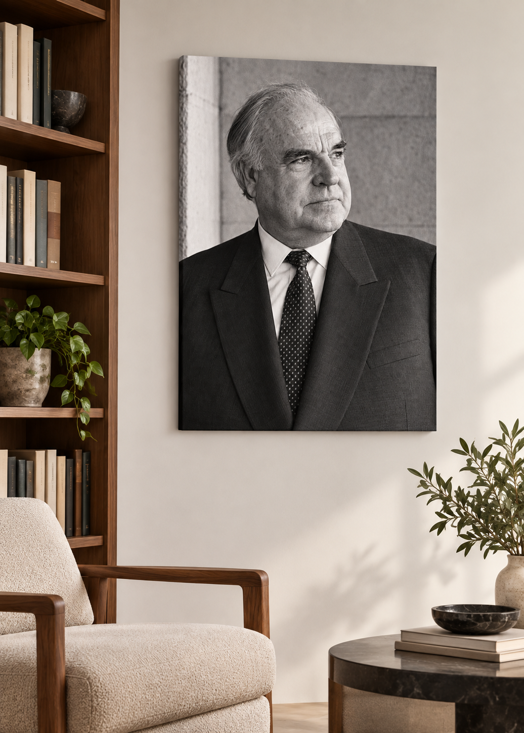 Nachdenkliches Schwarzweißporträt von Helmut Kohl – Schwarz-Weiß-Wandbild als Produktansicht.