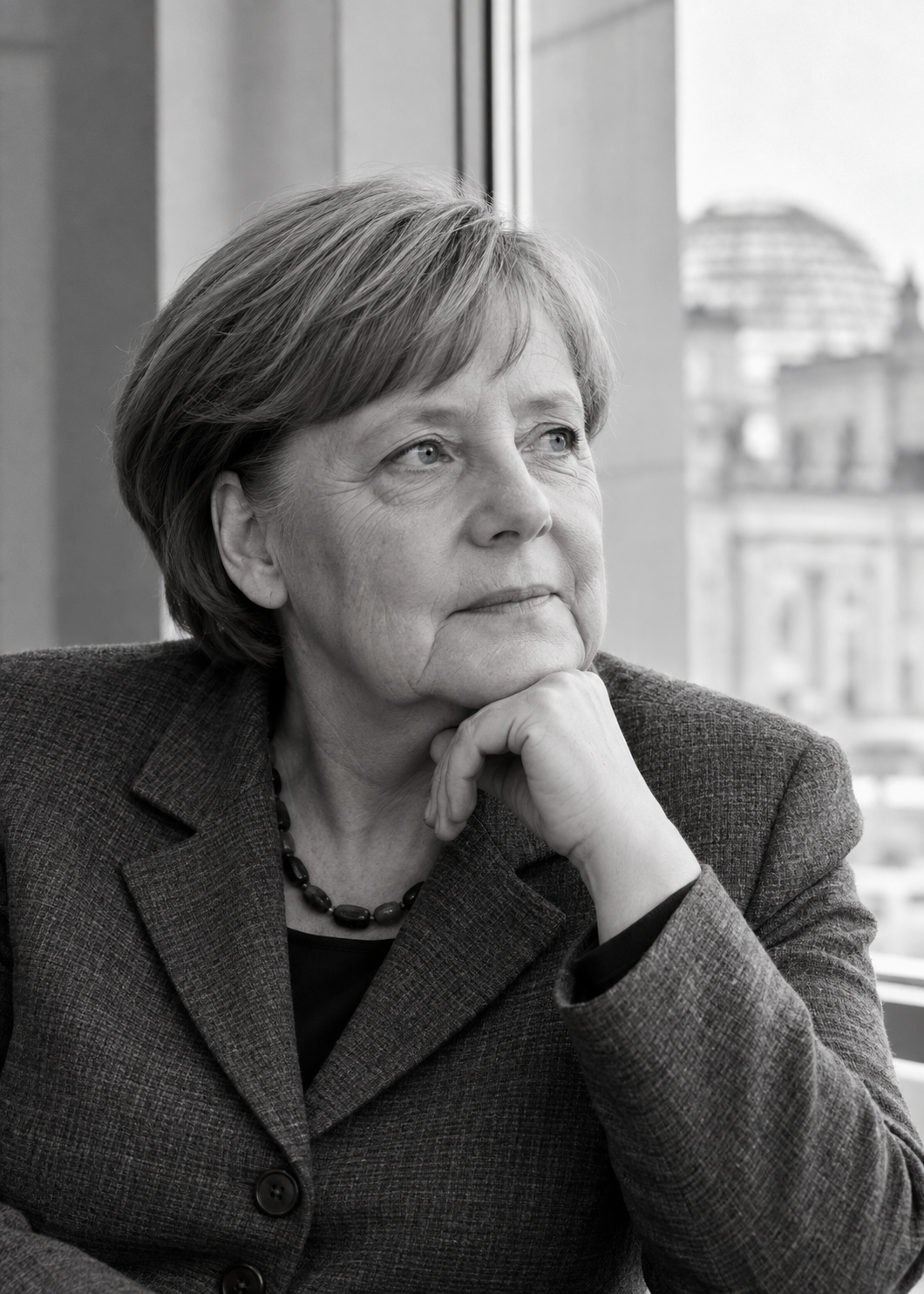 Angela Merkel am hellen Fenster – Schwarz-Weiß-Wandbild.