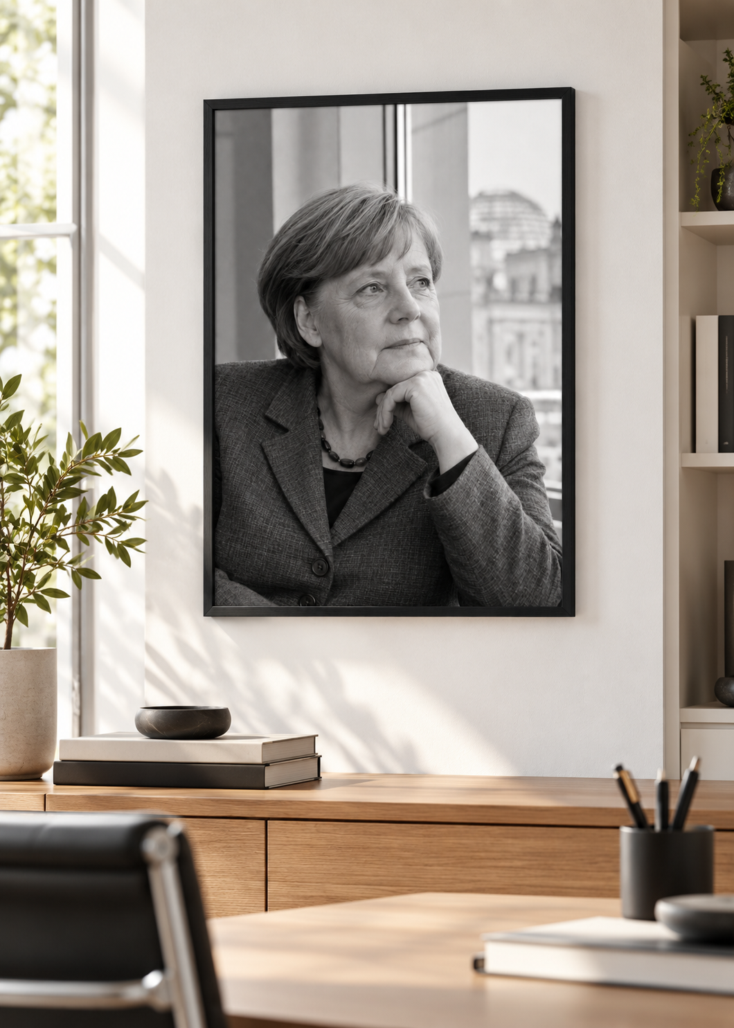 Angela Merkel am hellen Fenster – Schwarz-Weiß-Wandbild als Produktansicht.