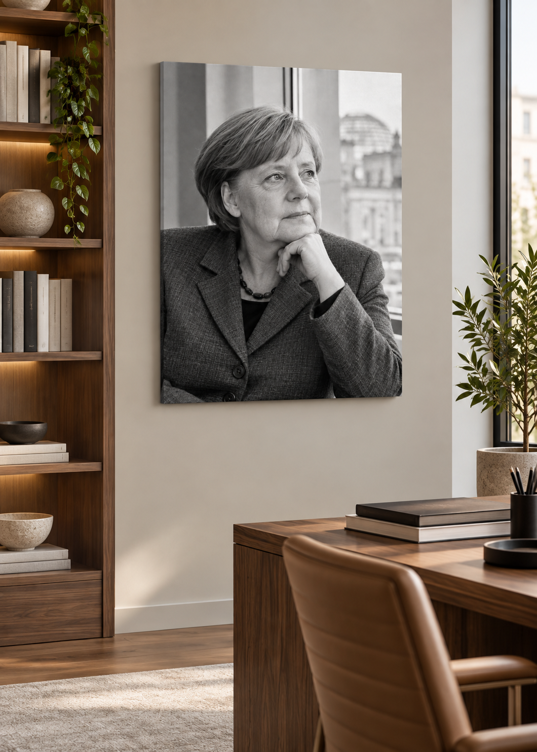 Angela Merkel am hellen Fenster – Schwarz-Weiß-Wandbild als Produktansicht.