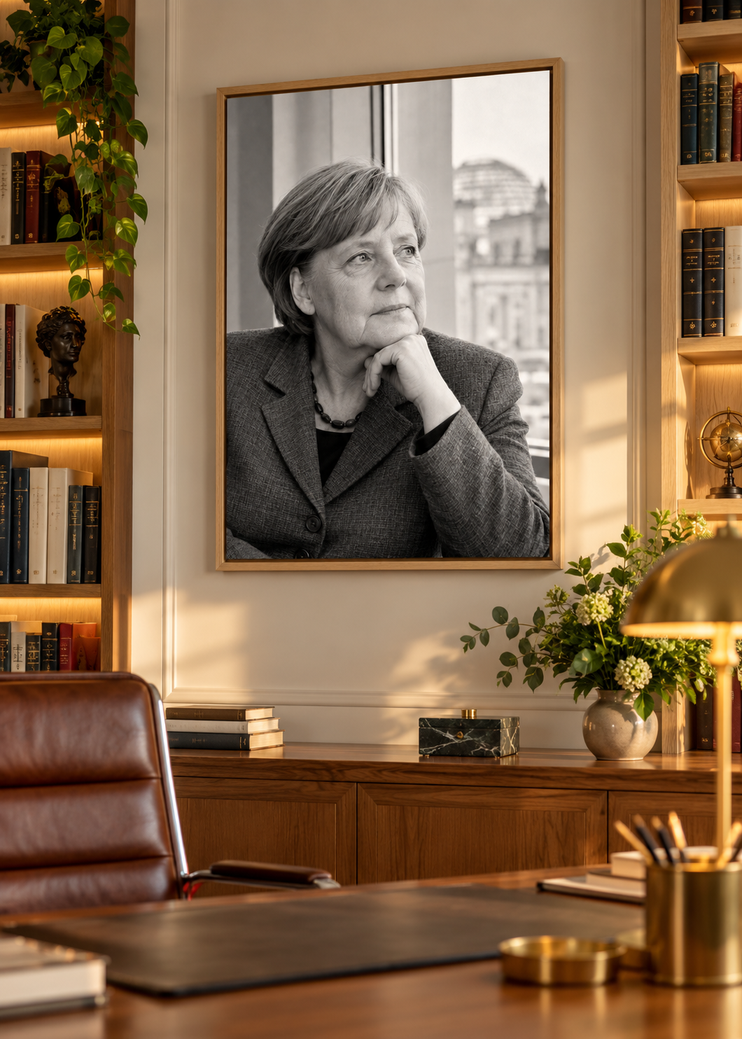 Angela Merkel am hellen Fenster – Schwarz-Weiß-Wandbild als Produktansicht.