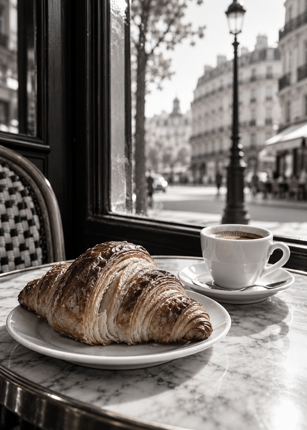 Croissant und Espresso am Pariser Fenster – Schwarz-Weiß-Wandbild.