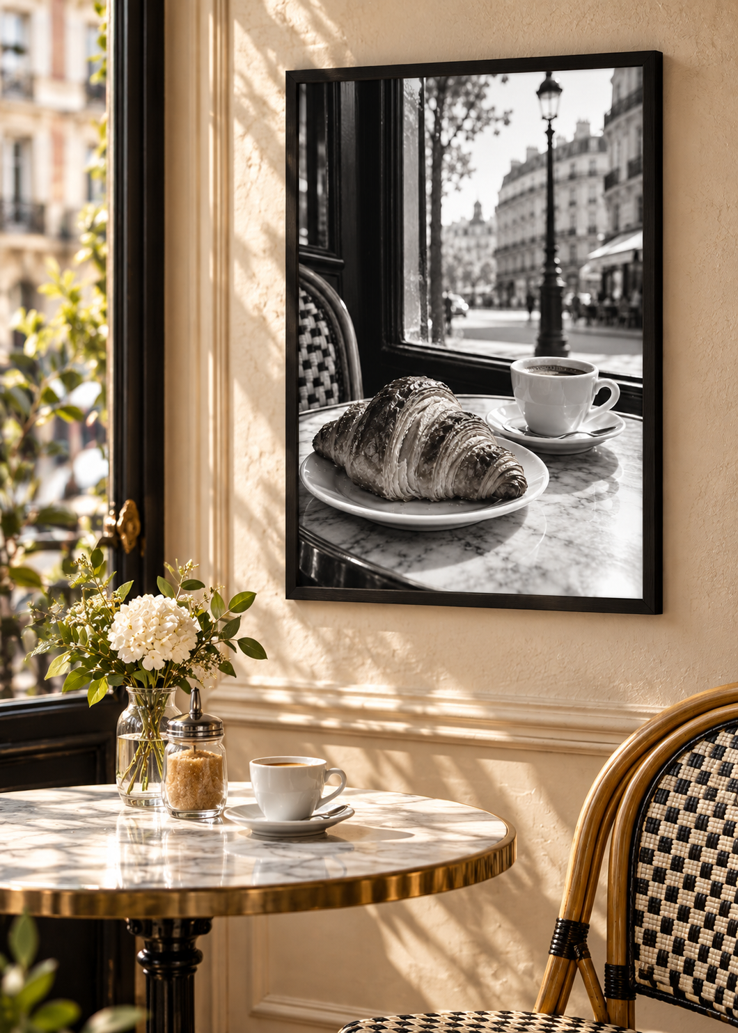 Croissant und Espresso am Pariser Fenster – Schwarz-Weiß-Wandbild als Produktansicht.
