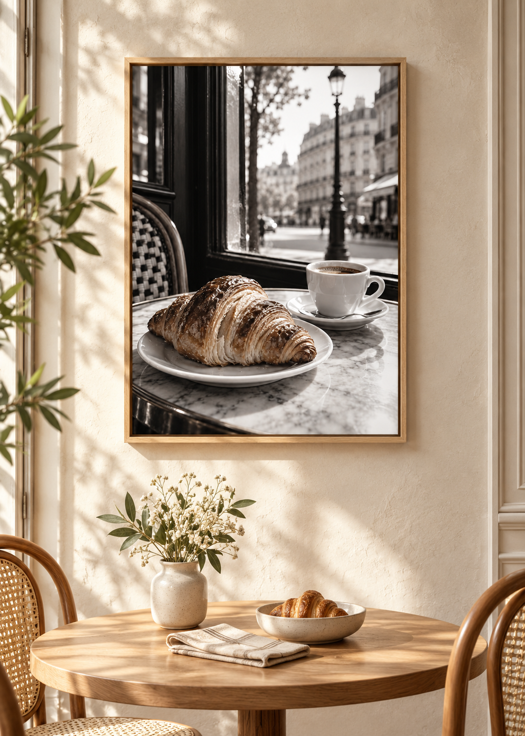 Croissant und Espresso am Pariser Fenster – Schwarz-Weiß-Wandbild als Produktansicht.