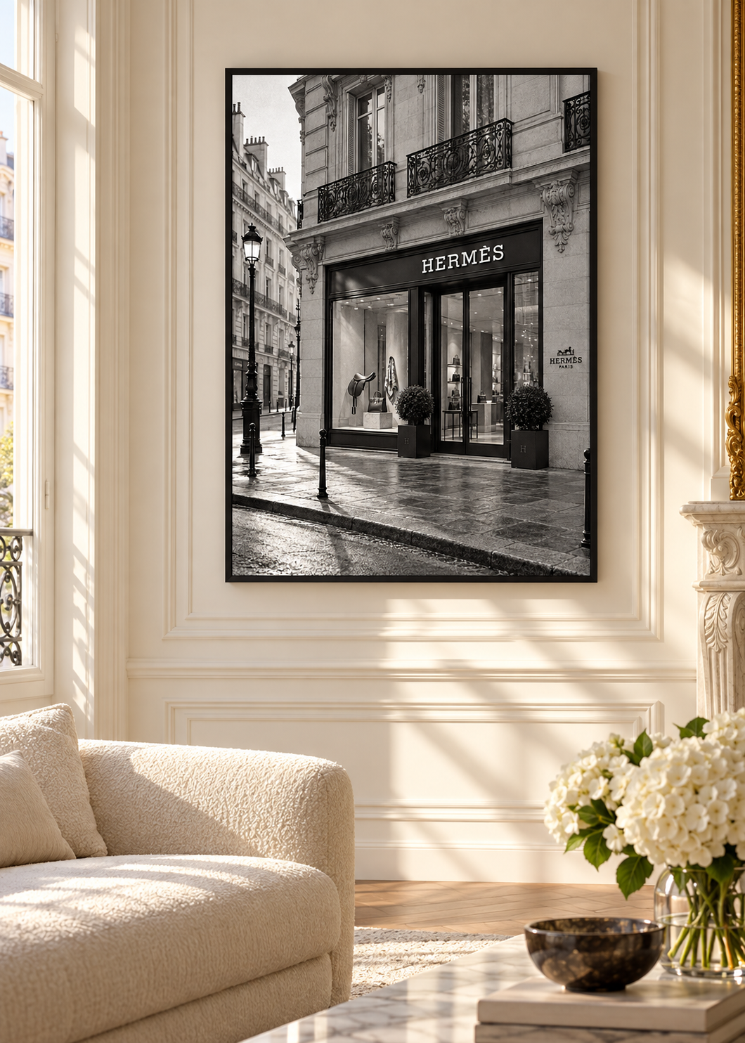 Hermès Paris im stillen Morgenlicht – Schwarz-Weiß-Wandbild als Produktansicht.