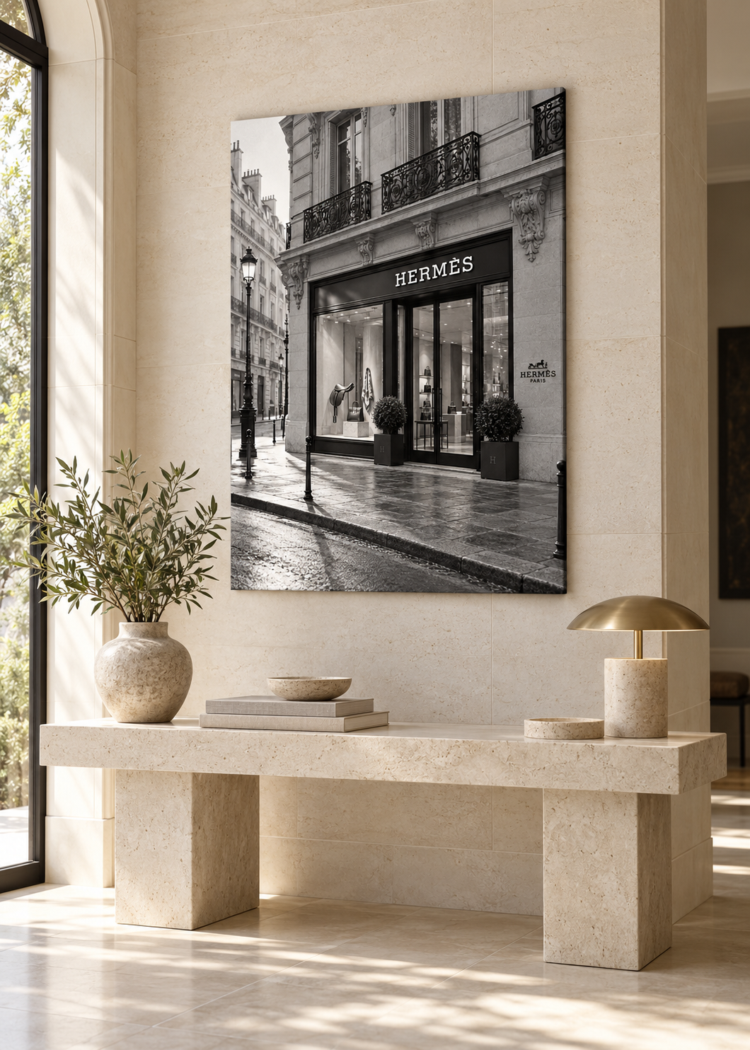 Hermès Paris im stillen Morgenlicht – Schwarz-Weiß-Wandbild als Produktansicht.