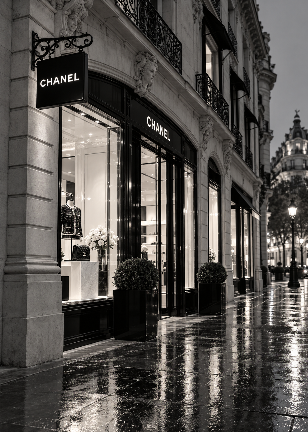 Pariser Chanel-Boutique im Regen – Schwarz-Weiß-Wandbild.