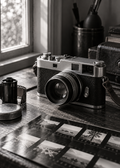 Vintage-Kamera neben Kontaktabzug – Schwarz-Weiß-Wandbild.