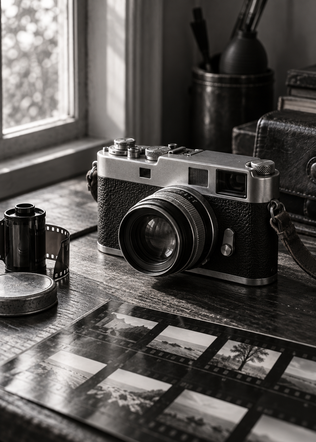 Vintage-Kamera neben Kontaktabzug – Schwarz-Weiß-Wandbild.