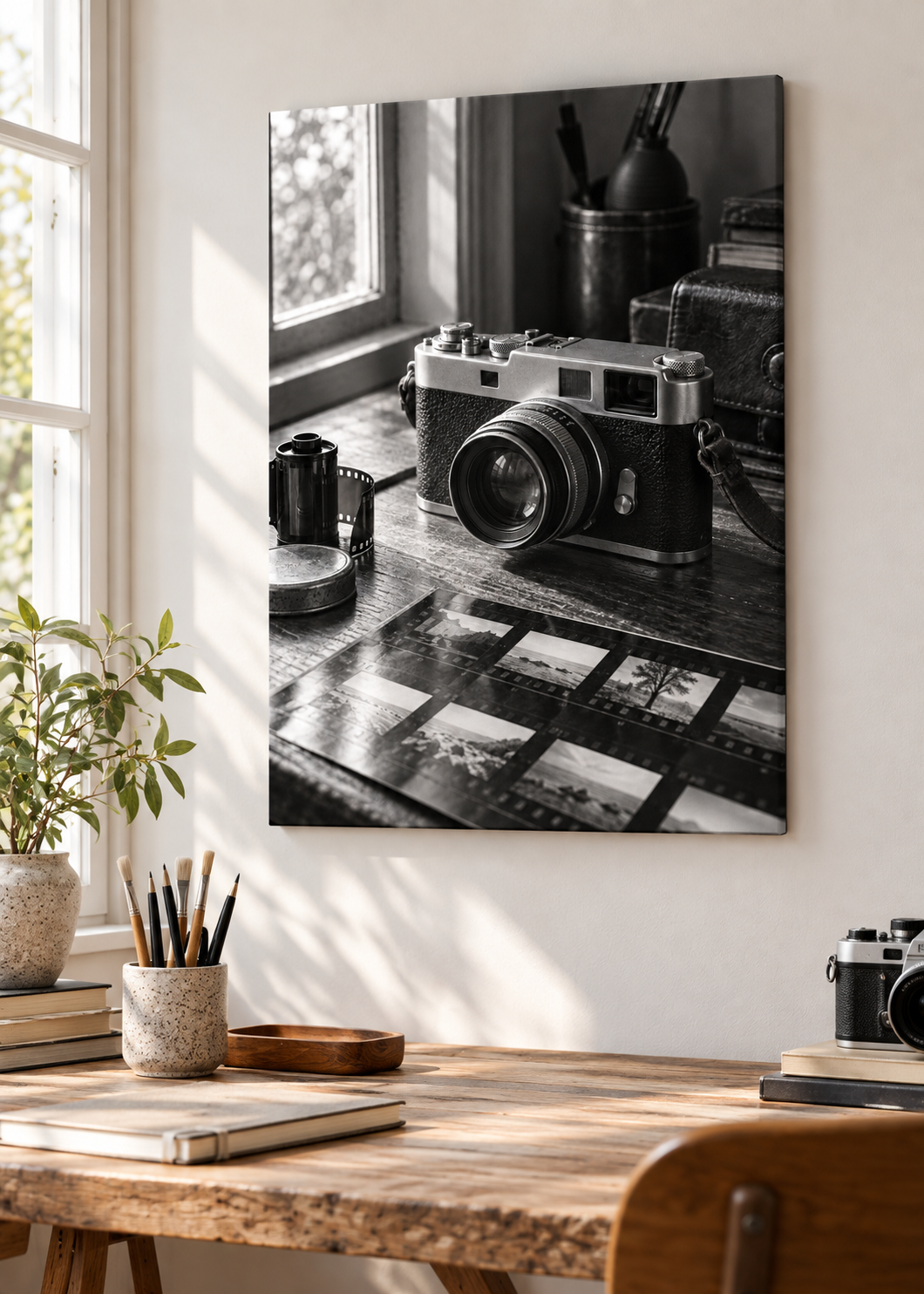 Vintage-Kamera neben Kontaktabzug – Schwarz-Weiß-Wandbild als Produktansicht.