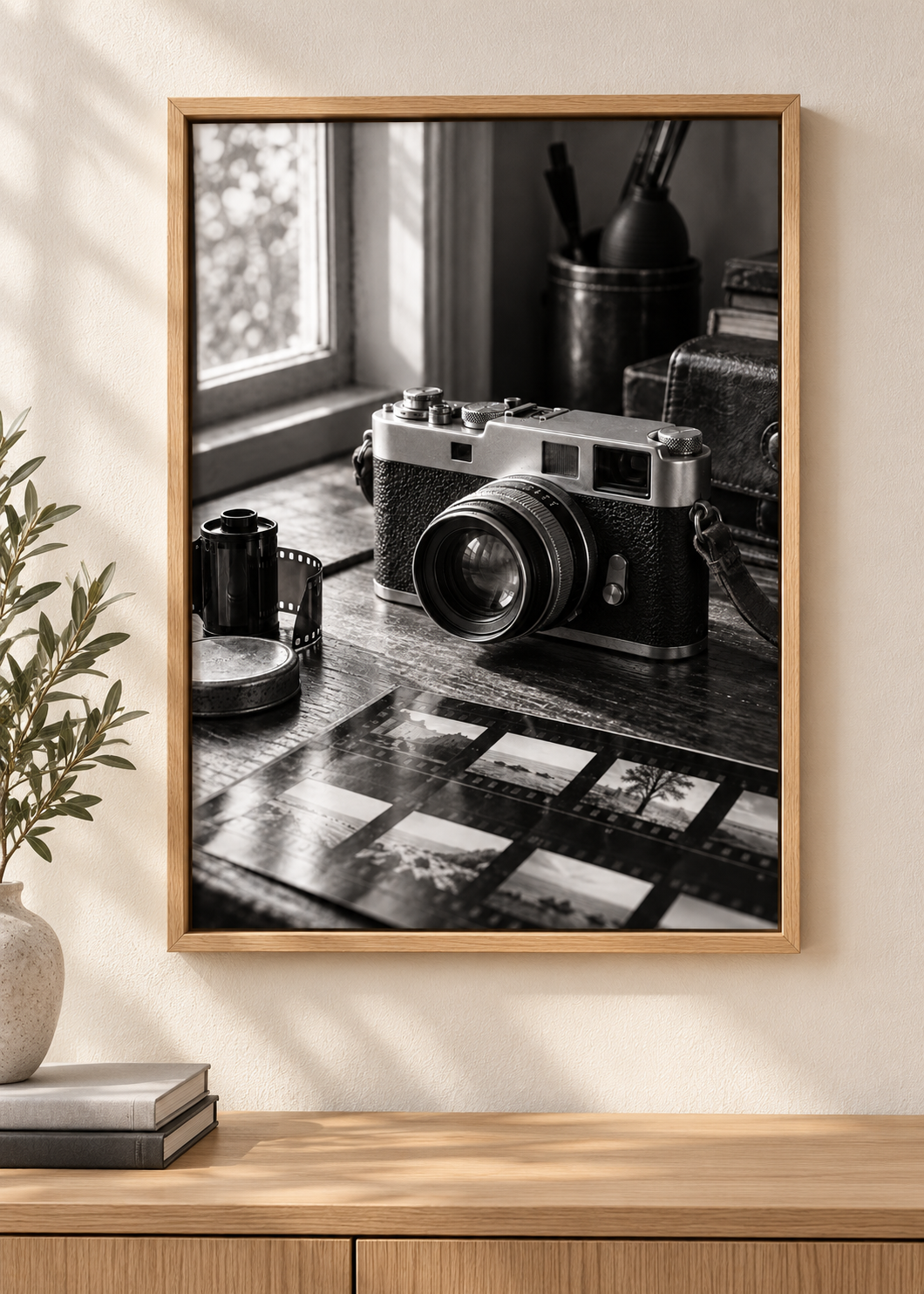 Vintage-Kamera neben Kontaktabzug – Naturholz-Schattenfugenrahmen Mockup, 1060 × 1484 px.
