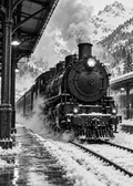 Dampflok im verschneiten Bergbahnhof – Schwarz-Weiß-Wandbild.