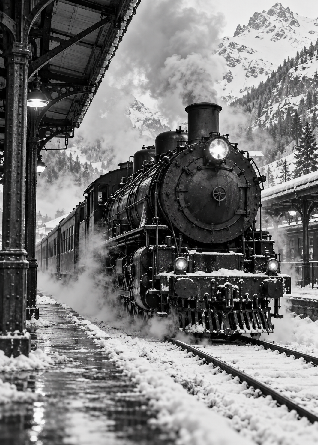 Dampflok im verschneiten Bergbahnhof – Schwarz-Weiß-Wandbild.