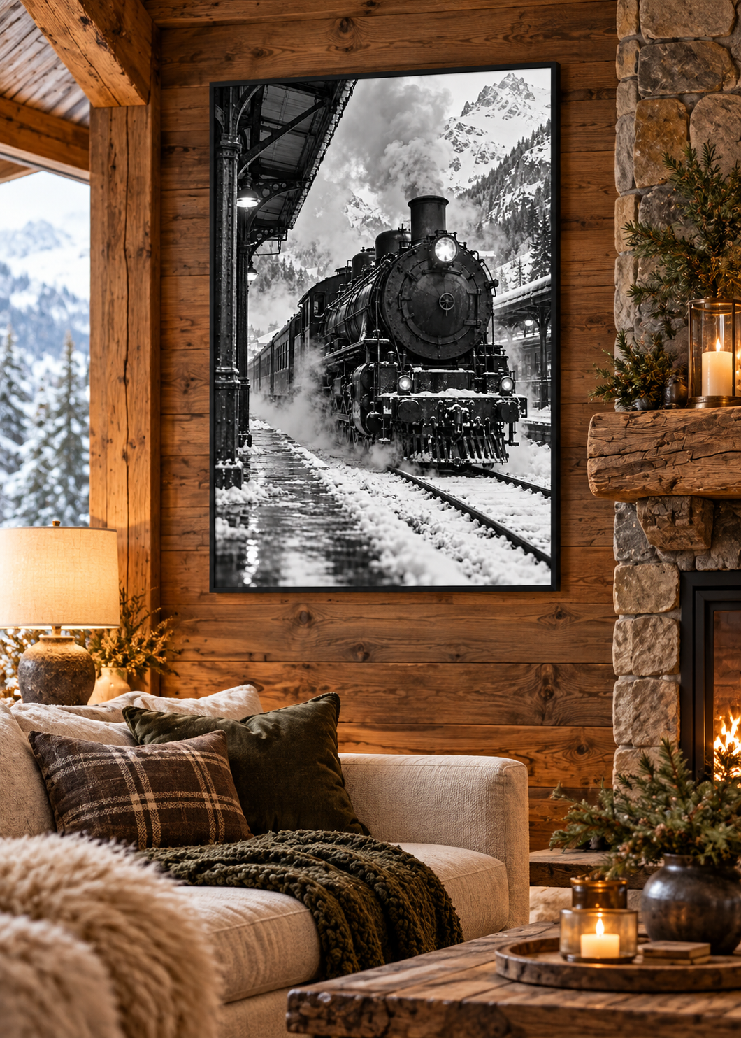 Dampflok im verschneiten Bergbahnhof – Schwarz-Weiß-Wandbild als Produktansicht.