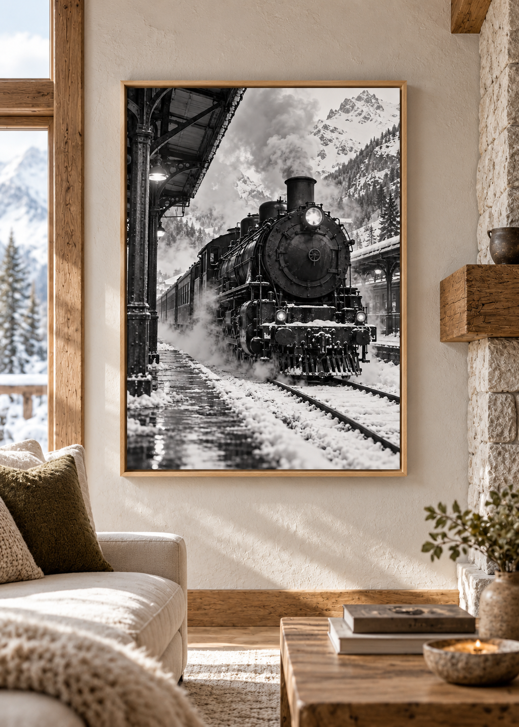 Dampflok im verschneiten Bergbahnhof – Schwarz-Weiß-Wandbild als Produktansicht.